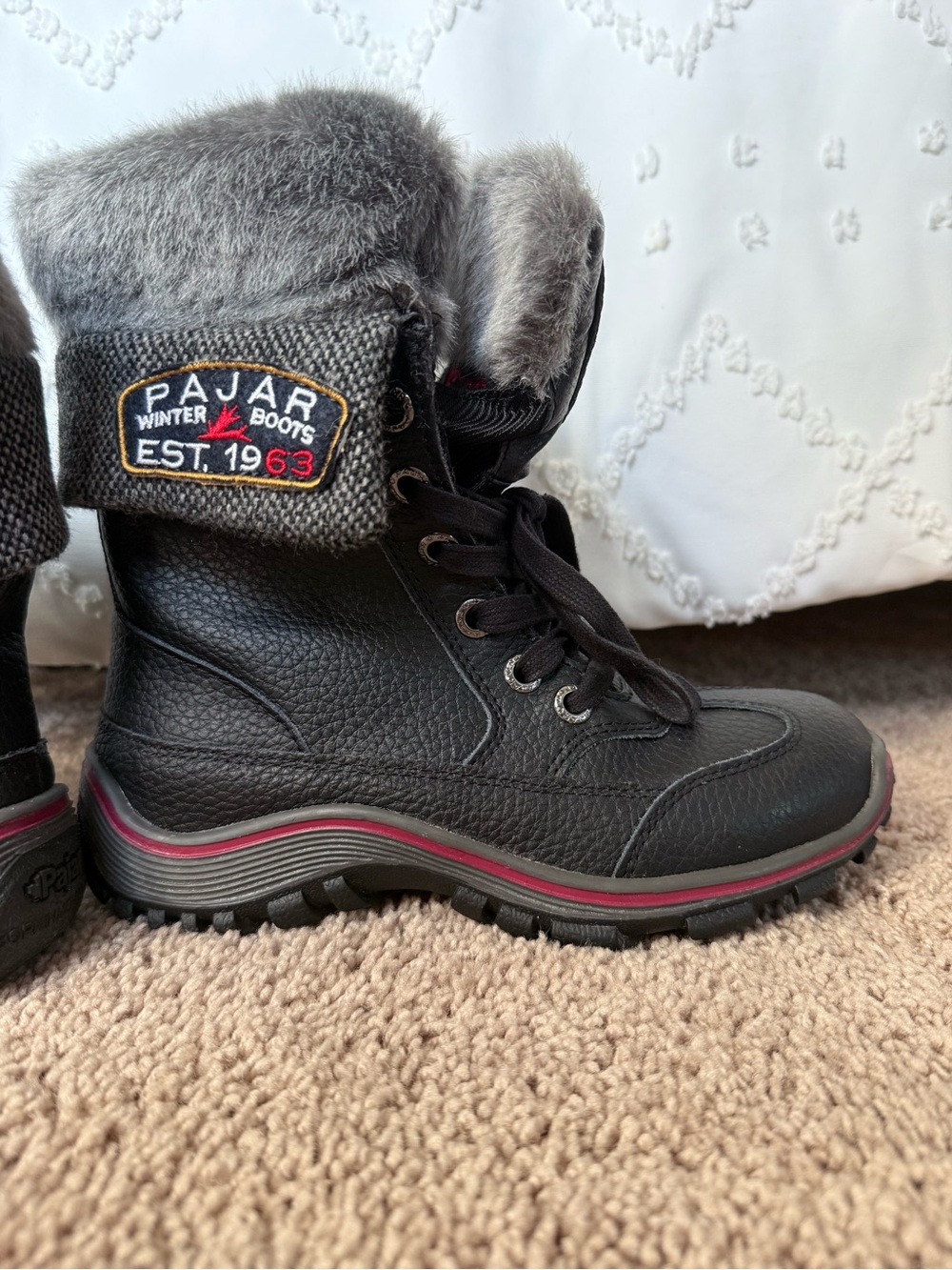 Pajar Black Winter Boots with Red Trim and Faux Fur Cuff